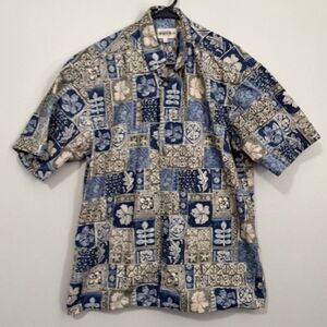 USED Men's Campia Short Sleeve Button Down Shirt Color Grey and Blue Size Medium